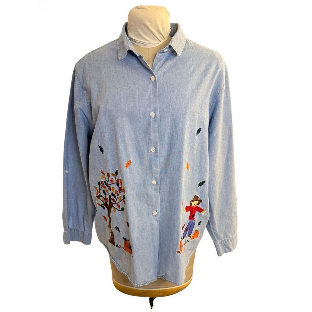 Bechamel Chambray Button Front Blouse Embroidered Autumn Fall Scarecrow XL